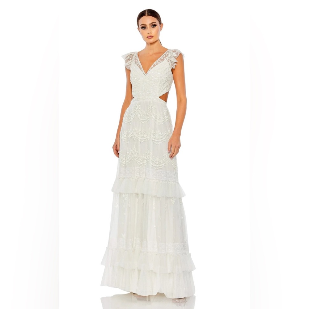 Mac Duggal Sequined Ruffles Cap Sleeve Gown
